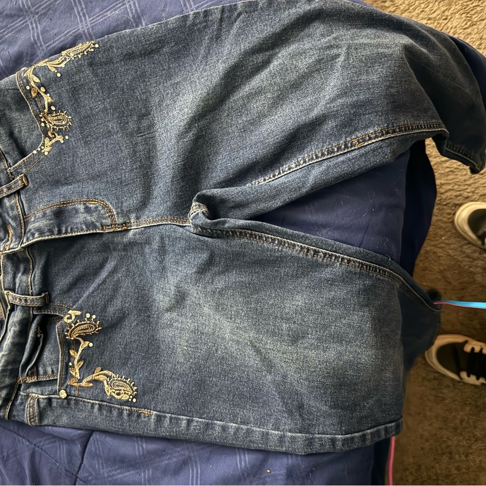 Vintage Blue Skinny Jeans with Gold Embroidery